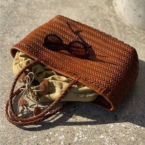 BROWN LEATHER HANDWOVEN TOTE BAG